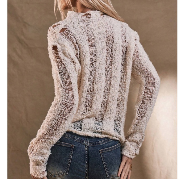 Cozy Cream Plunging Neck Shredded Semi Sheer Lightweight Cardigan - Picture 3 of 8